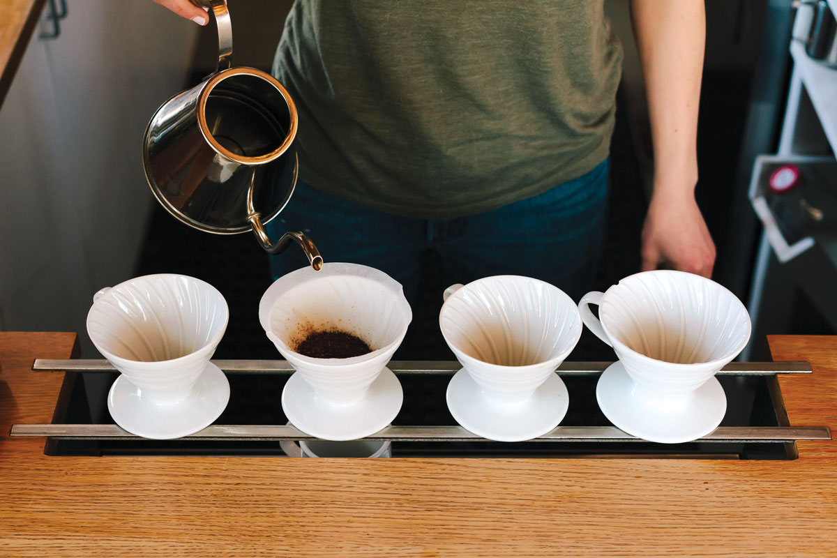 A line-up of pour-overs at Tandem's roastery. 