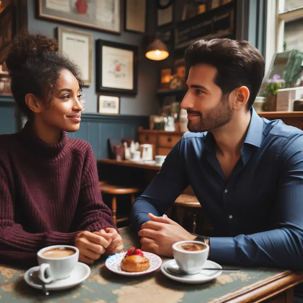 Dos personas hablando en una cafetería de Londres