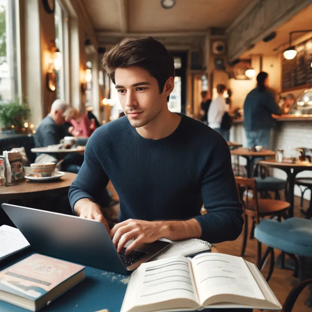 Hombre joven estudiando inglés en una cafetería