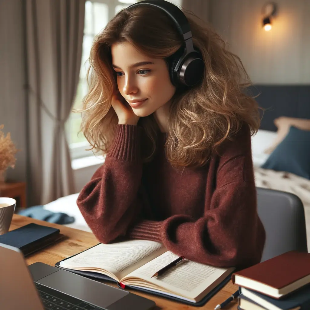 Mujer joven escuchando clases de inglés con auriculares