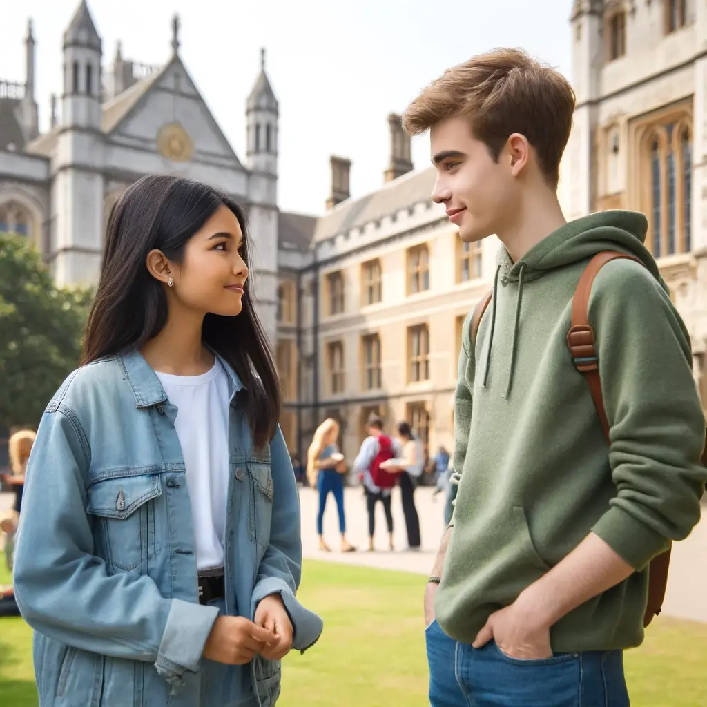 Un par de adolescentes hablando en el campus de una universidad de Londres